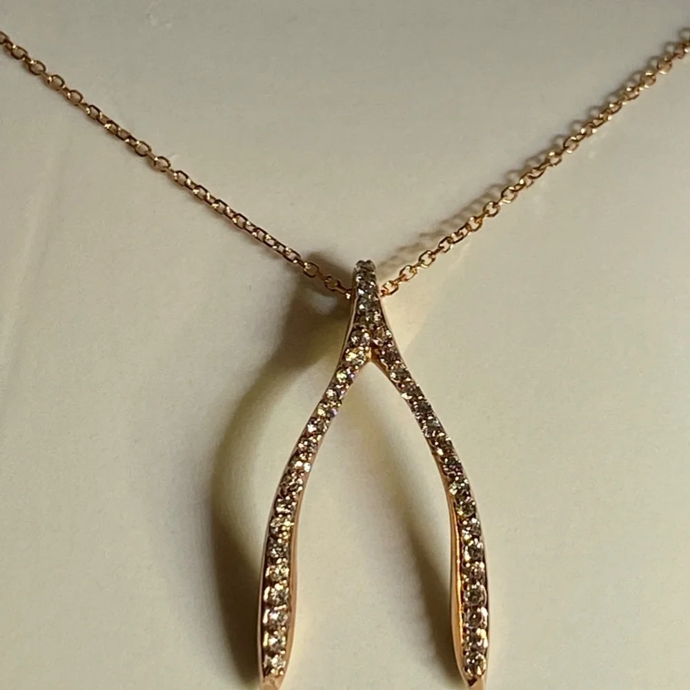 14K Rose Gold and Diamond Wishbone Necklace 18" - Picture 5 of 10